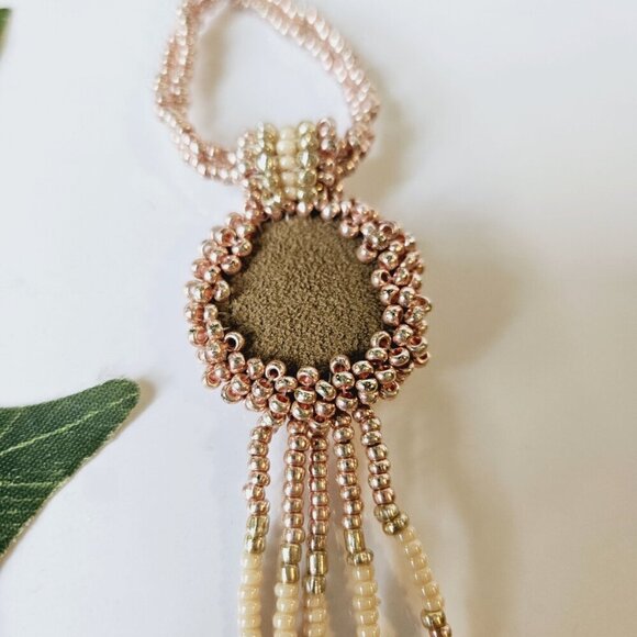Rose Gold Fringe Beaded Indigenous Medallion Pendant Necklace | Handmade - Picture 7 of 10